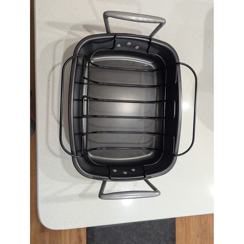 Calphalon Roasting Pan Charcoal Gray Anodized Aluminum with V-Rack 16x13in